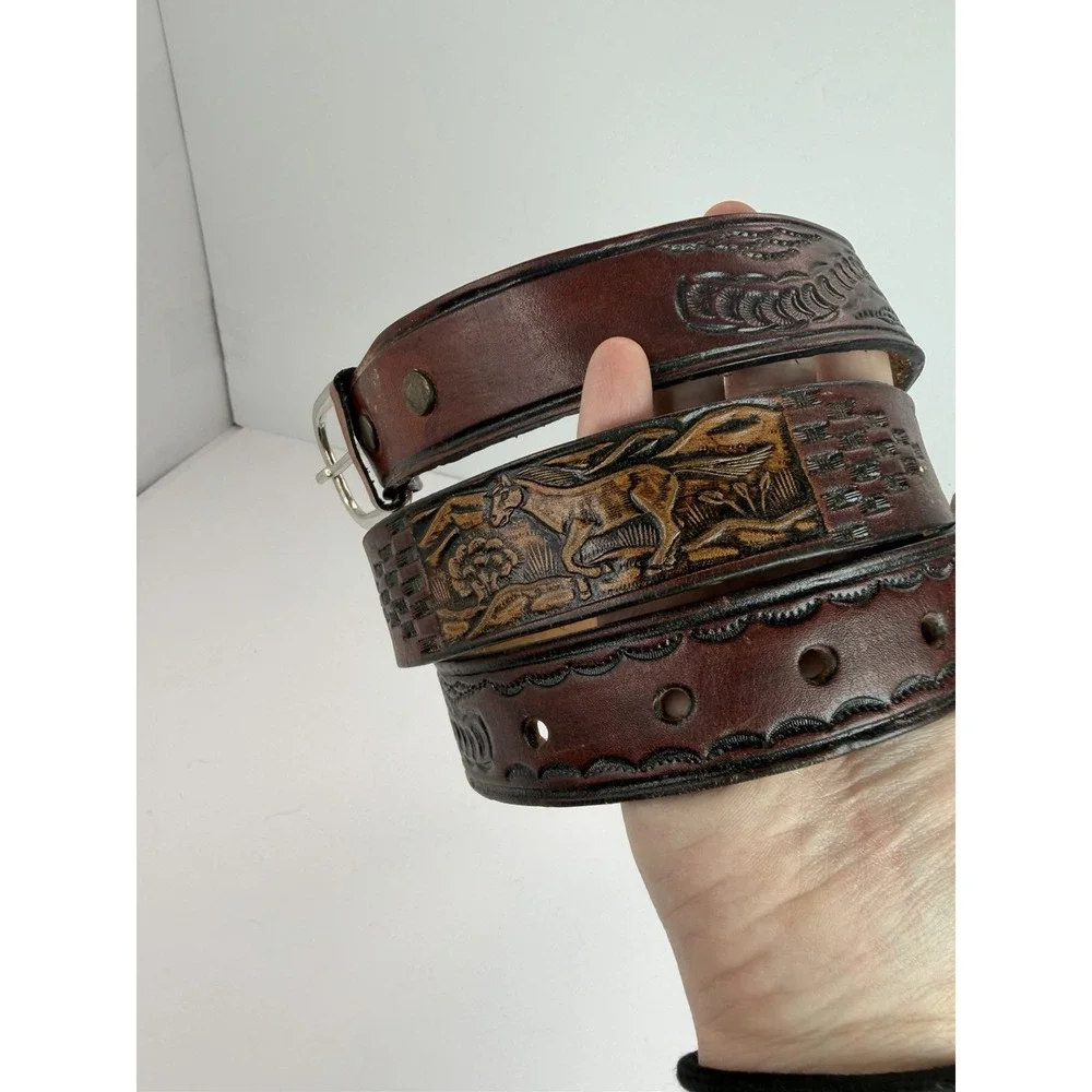 Dark Brown Leather Western Belt Horse Design Rodeo Vintage Size 44